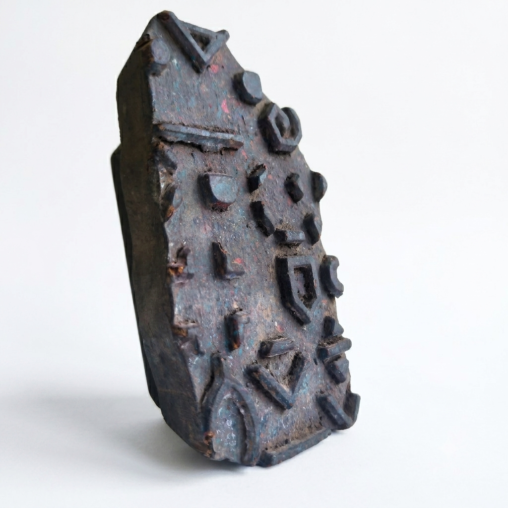 Vintage Hand-Carved Wooden Printing Block – Abstract Geometric Design