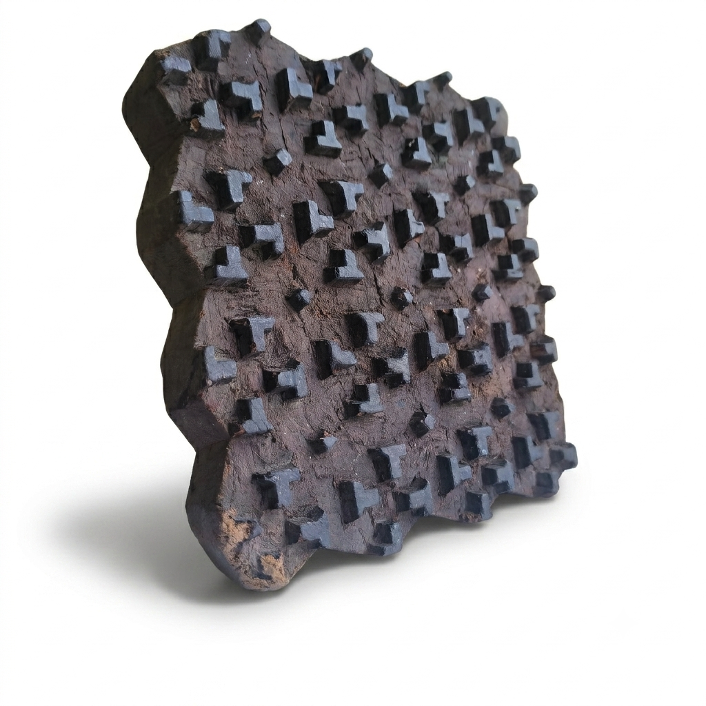 Vintage Hand-Carved Wooden Printing Block – Deep Relief Geometric Studs