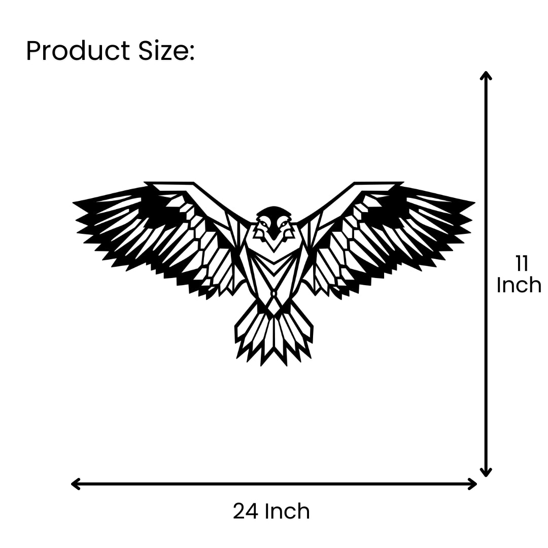 Geometric eagle metal wall art size guide showing 24 inch width by 11 inch height
