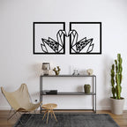 Geometric swan couple metal wall art set of 2 panels above console table