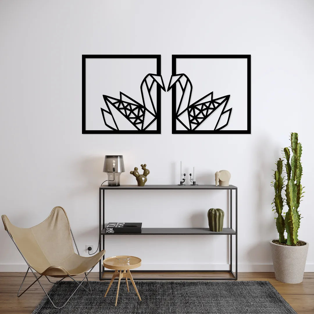 Geometric swan couple metal wall art set of 2 panels above console table