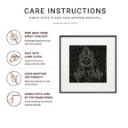 Goddess Laxmi Surpur Line Art Painting Infographic with icons for sunlight, dusting, moisture, and handling care tips
