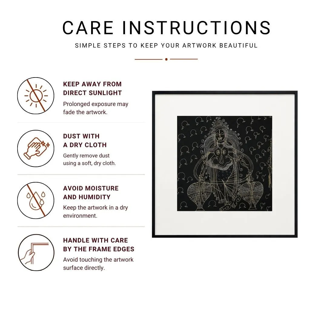 Goddess Laxmi Surpur Line Art Painting Infographic with icons for sunlight, dusting, moisture, and handling care tips
