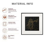 Goddess Saraswati Surpur line art painting Infographic listing handmade Surpur painting, handmade paper, premium frame, protective glass, and eco-friendly ink details
