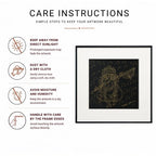 Goddess Saraswati Surpur line art painting Infographic with icons for sunlight, dusting, moisture, and handling care tips
