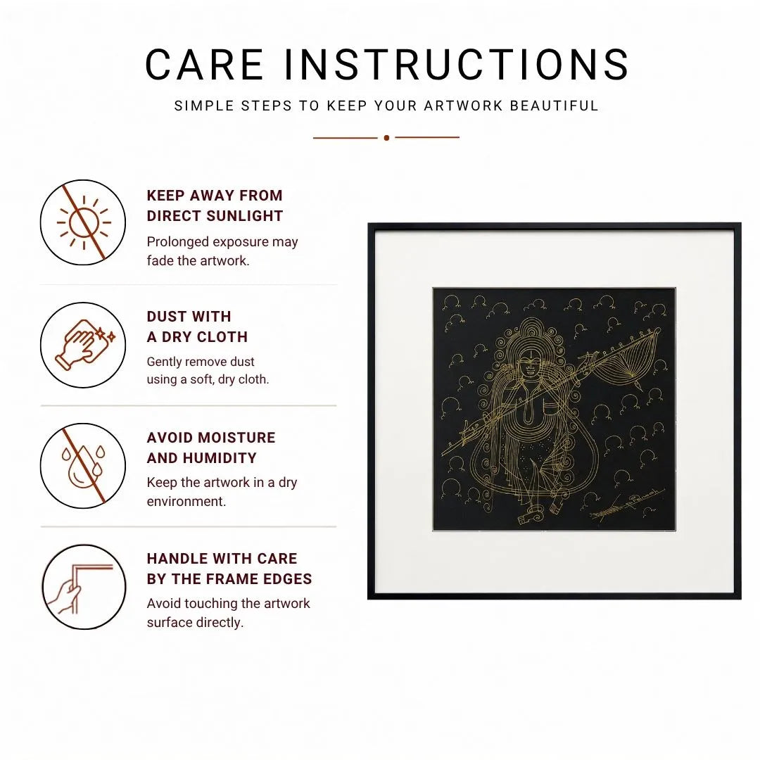 Goddess Saraswati Surpur line art painting Infographic with icons for sunlight, dusting, moisture, and handling care tips
