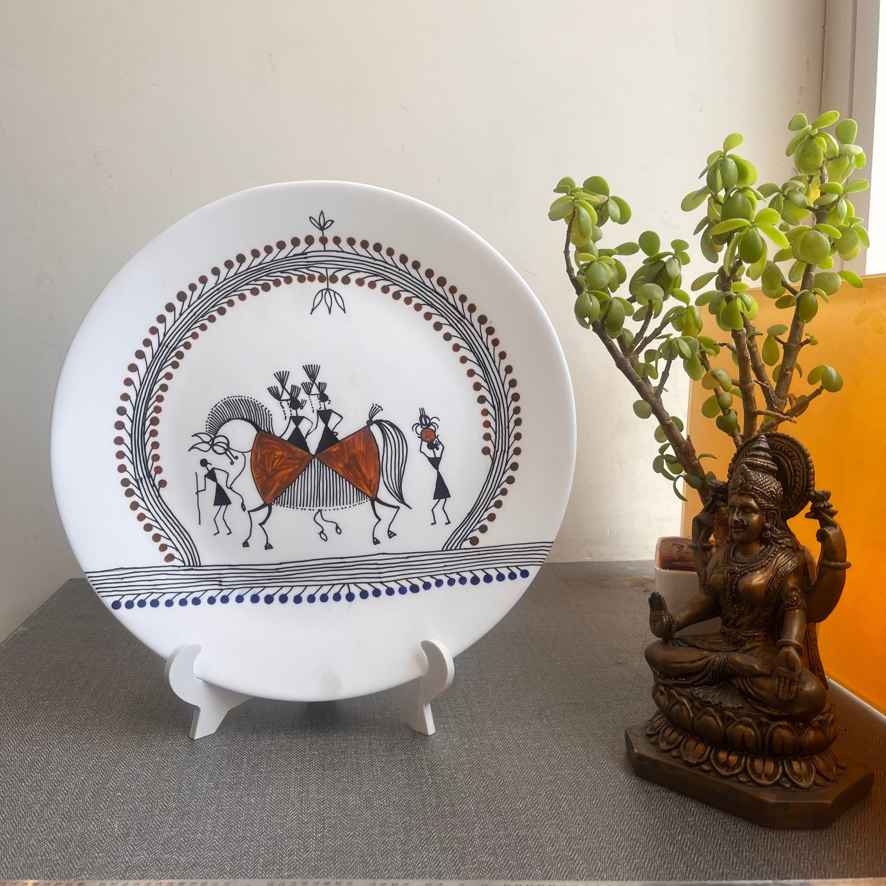 Artrooms Graceful Horse Ceramic Hand Painted Warli Art - Wall Decor Plates