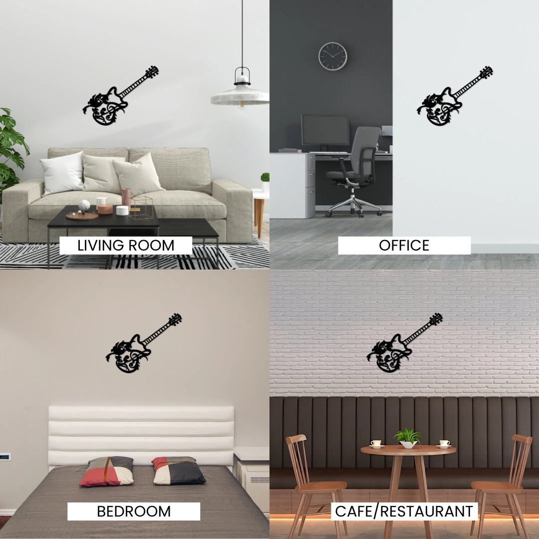Guitar metal wall art in living room, office, bedroom and cafe decor settings collage