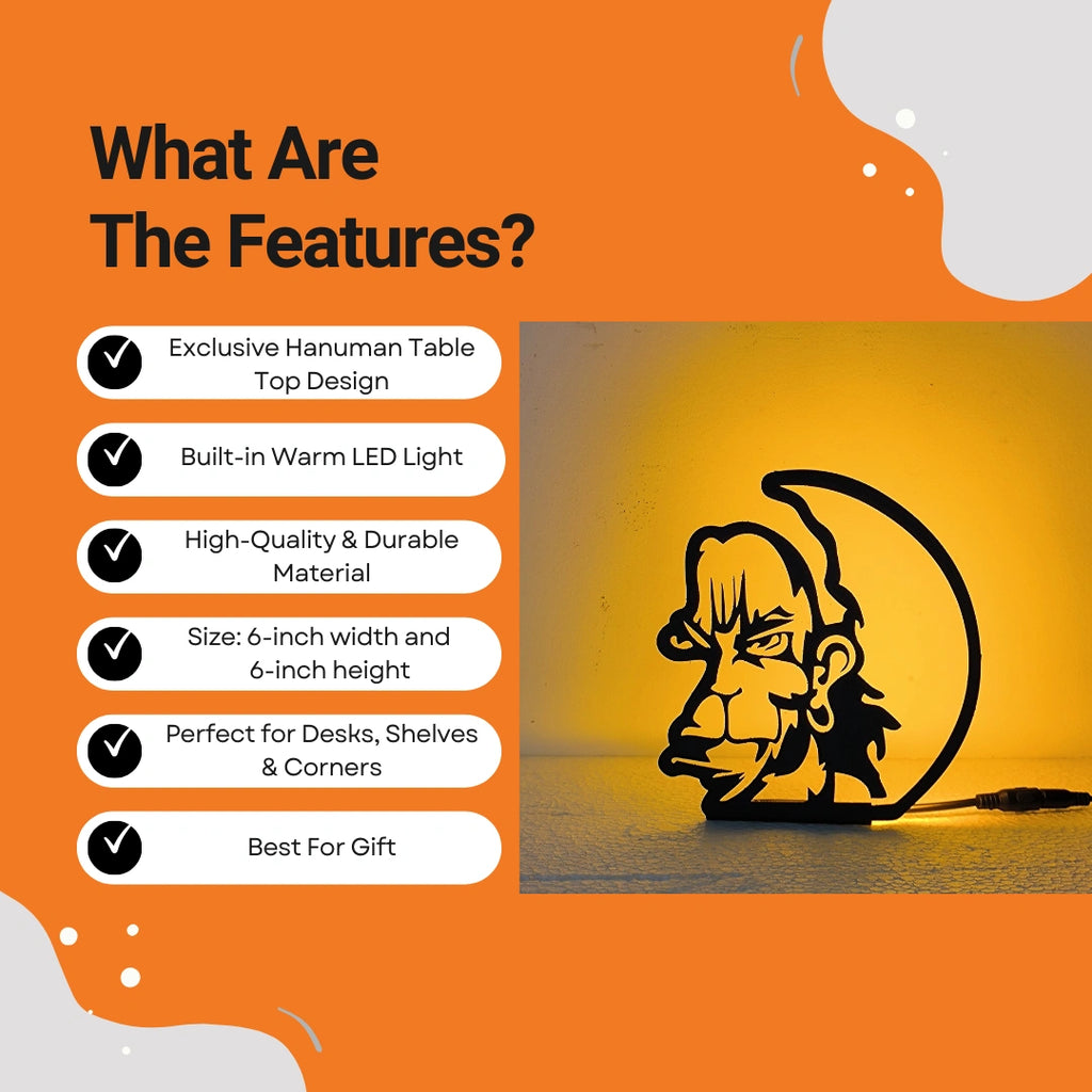 Hanuman Tablelamp features infographic showing warm LED, durable material, 6-inch size, and gift use