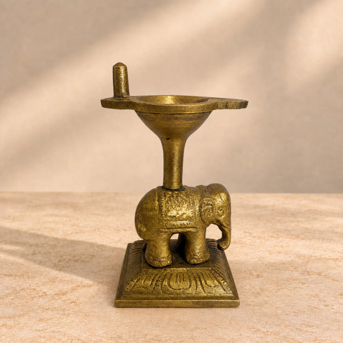 Vintage Brass Diya Stand with Elephant Figure - Handcrafted
