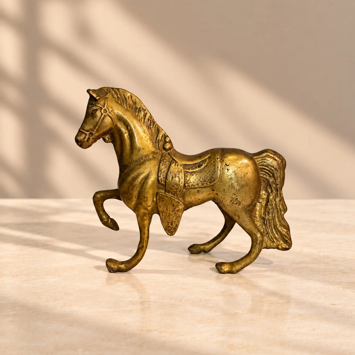 Antique Brass Prancing Horse Statue with Saddle