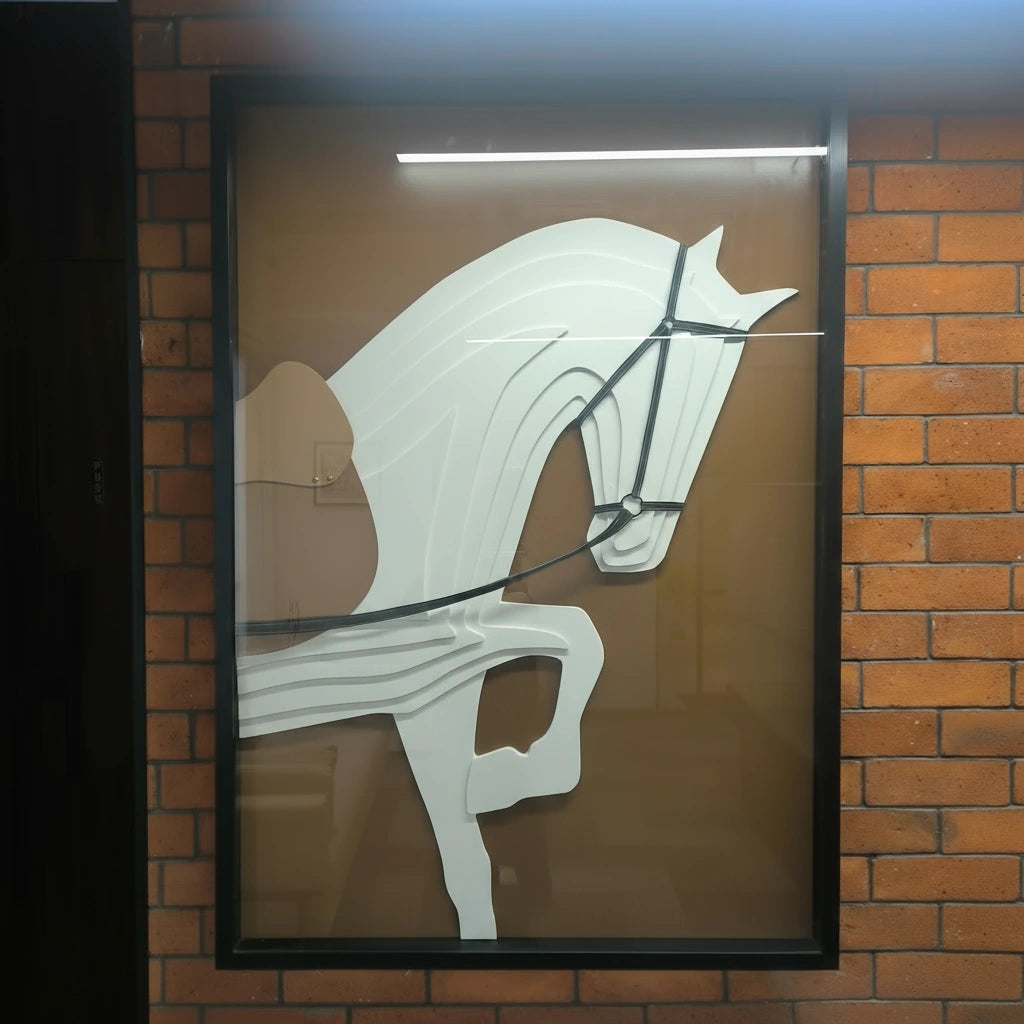 Horse 3D MDF wall art framed on brick wall, front view