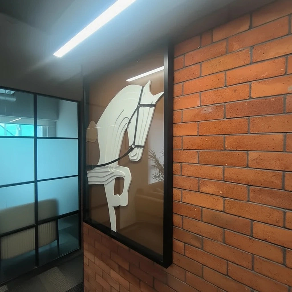 Horse 3D MDF wall art framed piece on brick wall near glass partition