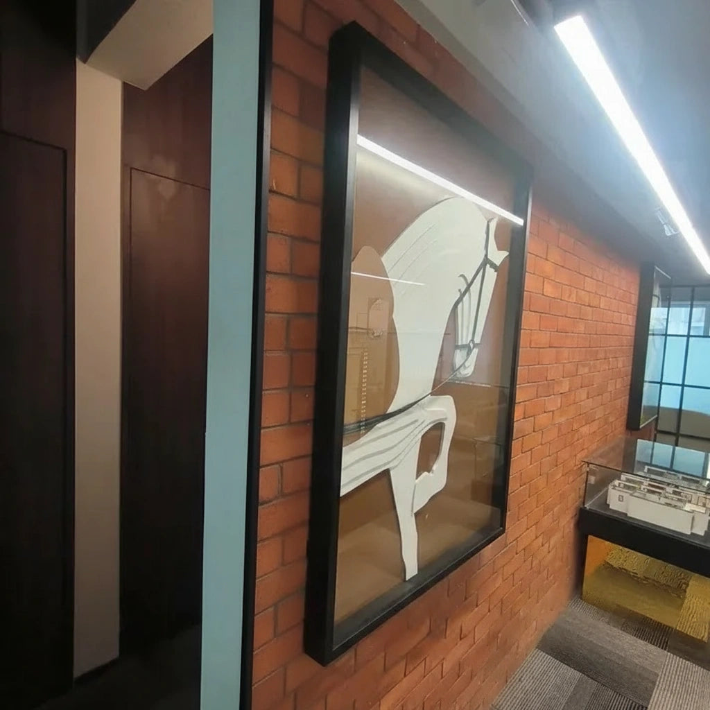 Horse 3D MDF wall art on brick hallway wall, side angle view
