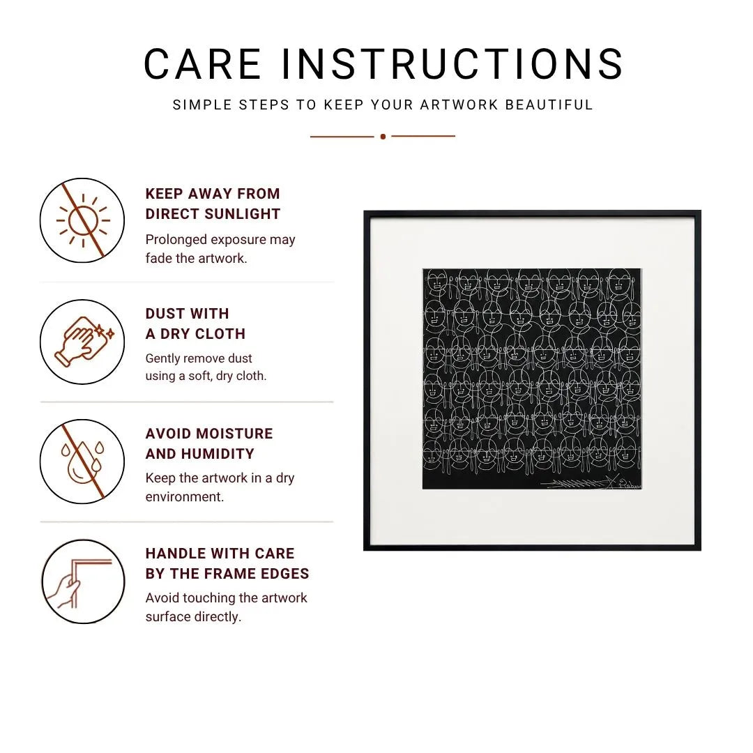 Human Faces Surpur Line Art Painting Infographic with icons for sunlight, dusting, moisture, and handling care tips

