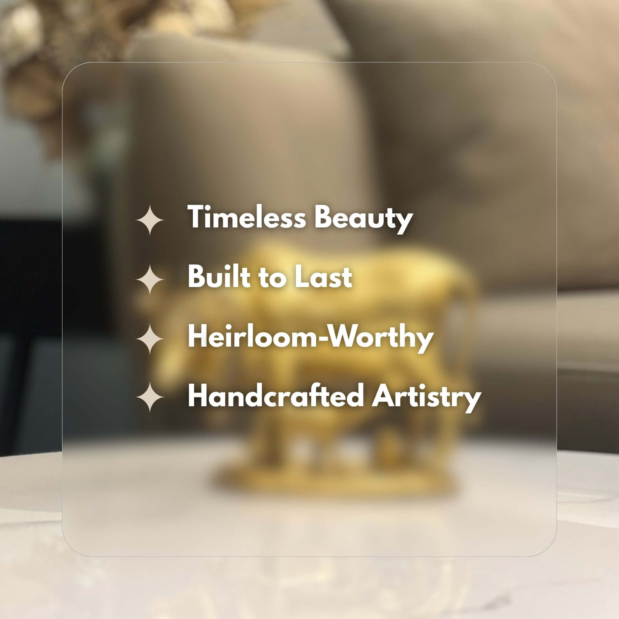 Infographic listing the features of the brass cow statue: Timeless Beauty, Built to Last, Heirloom-Worthy, and Handcrafted Artistry.
