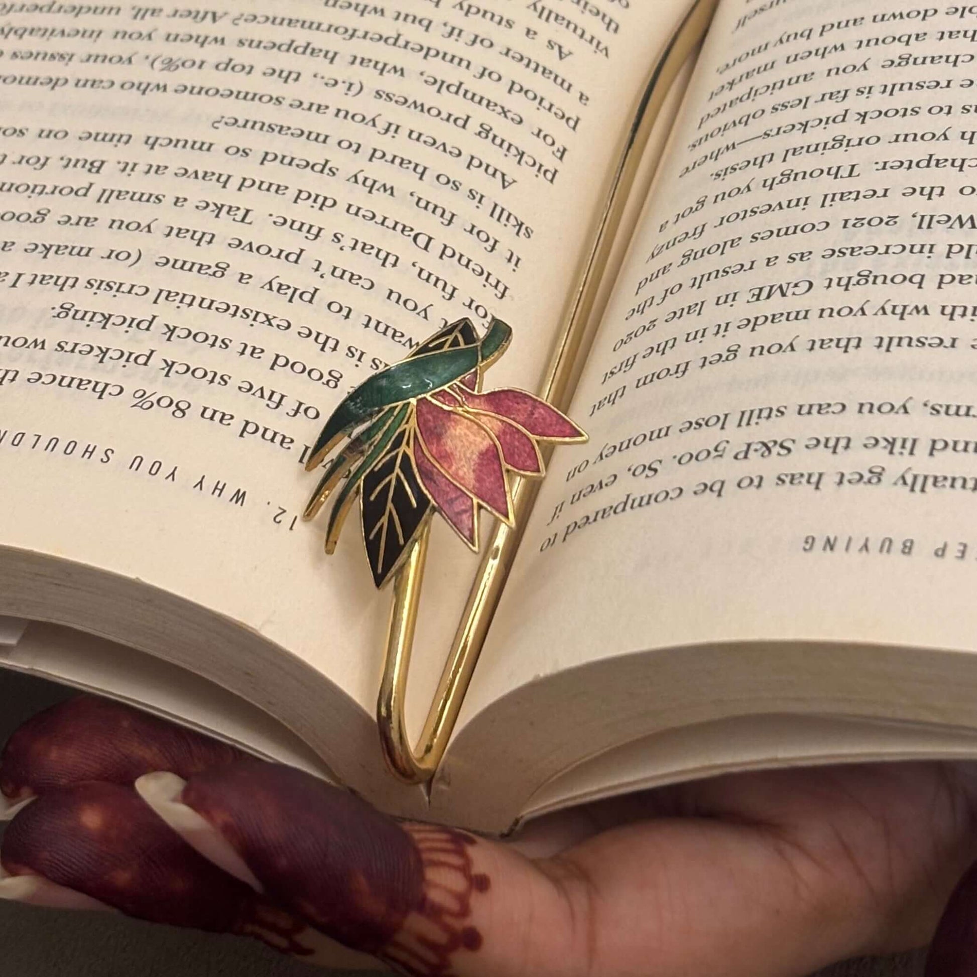 Brass Lotus Flower Bookmark – floral enamel design on hardcover book