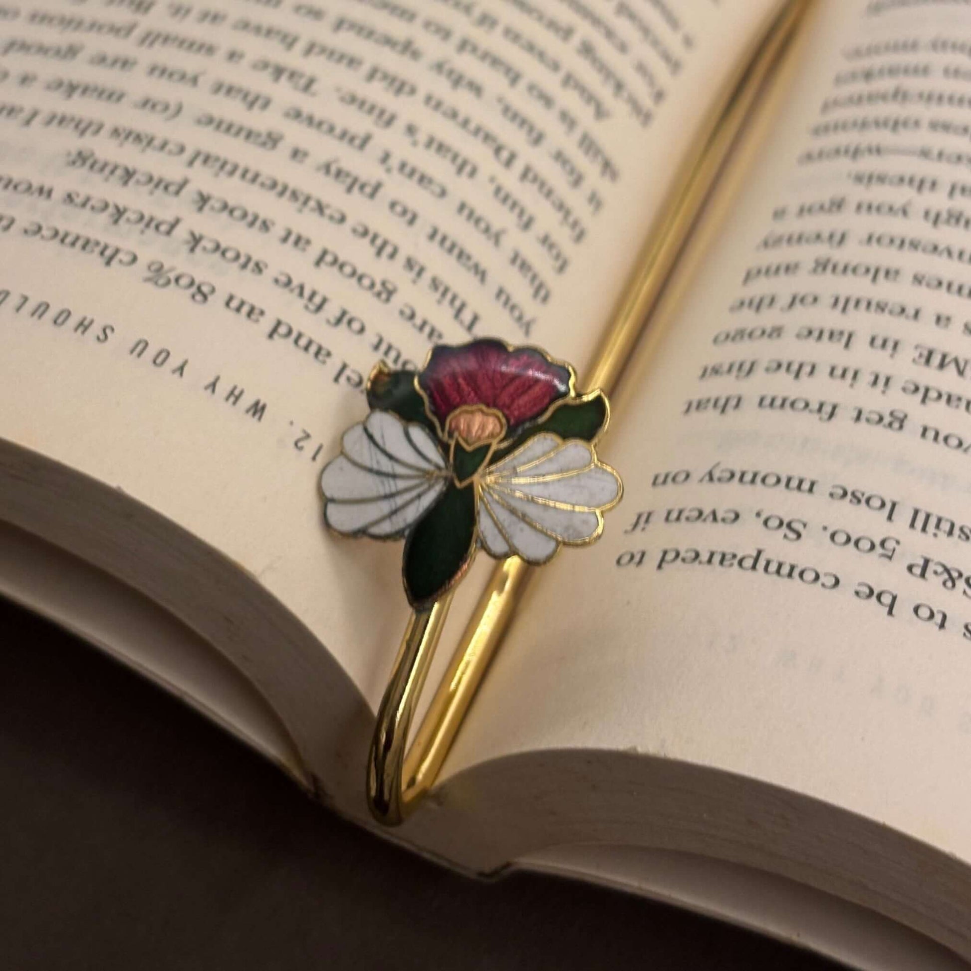 Brass Floral Bookmark – white & red enamel on brass