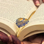 Brass Peacock Feather Bookmark – elegant enamel book accessory for readers
