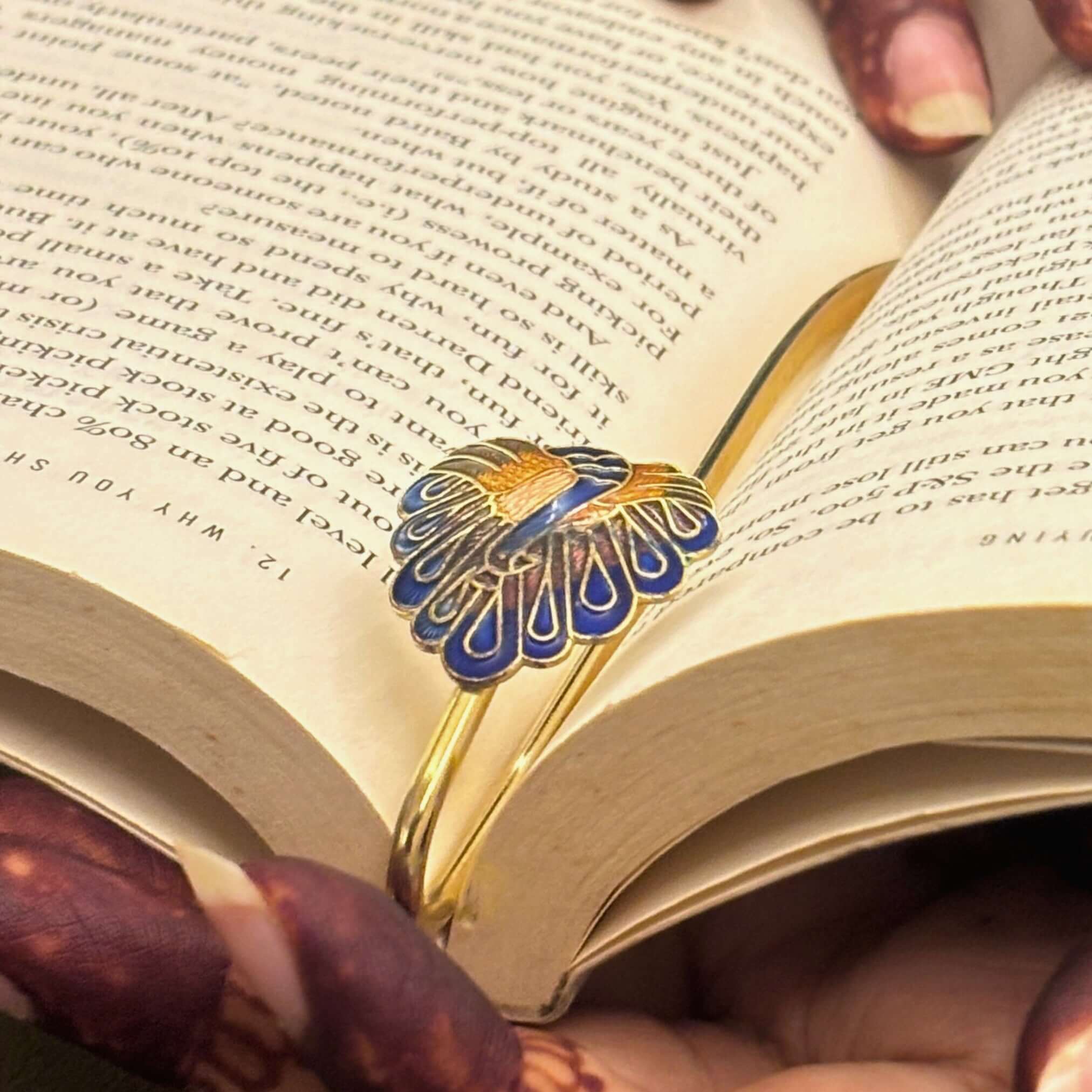Brass Peacock Feather Bookmark – elegant enamel book accessory for readers