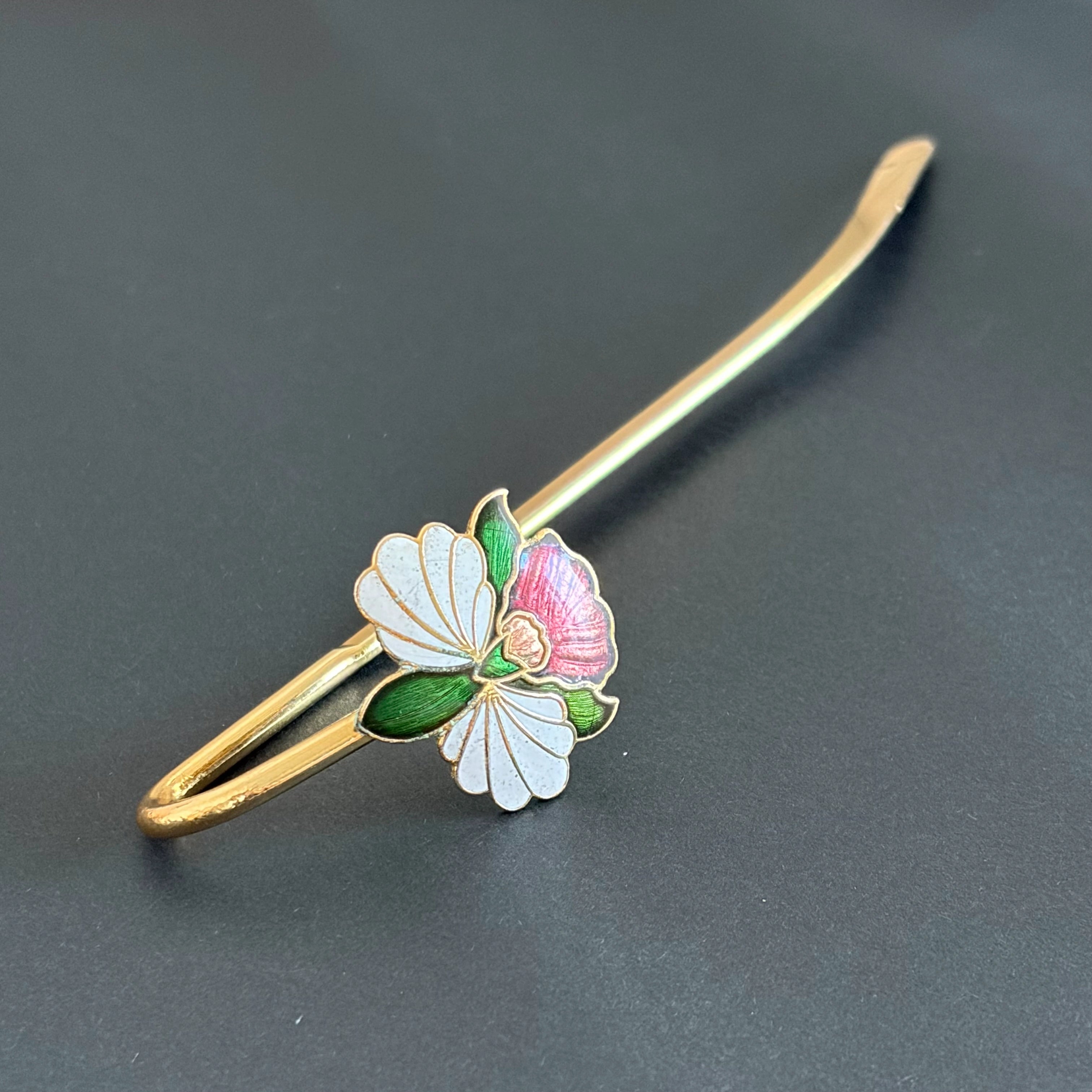 Brass Floral Bookmark – White & Red Enamel Handmade Bookmark