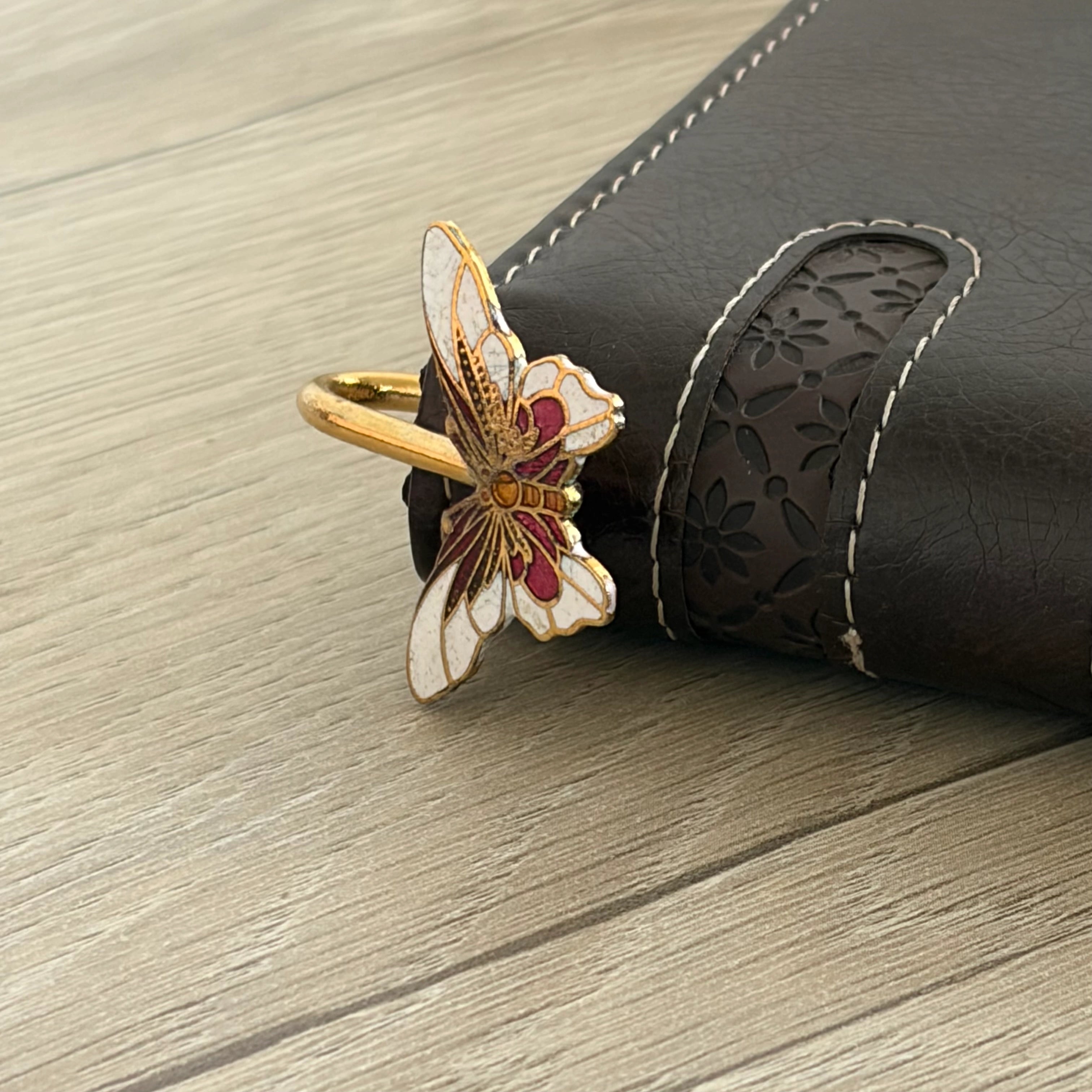 Brass Butterfly Bookmark – White & Red Enamel Handmade Bookmark