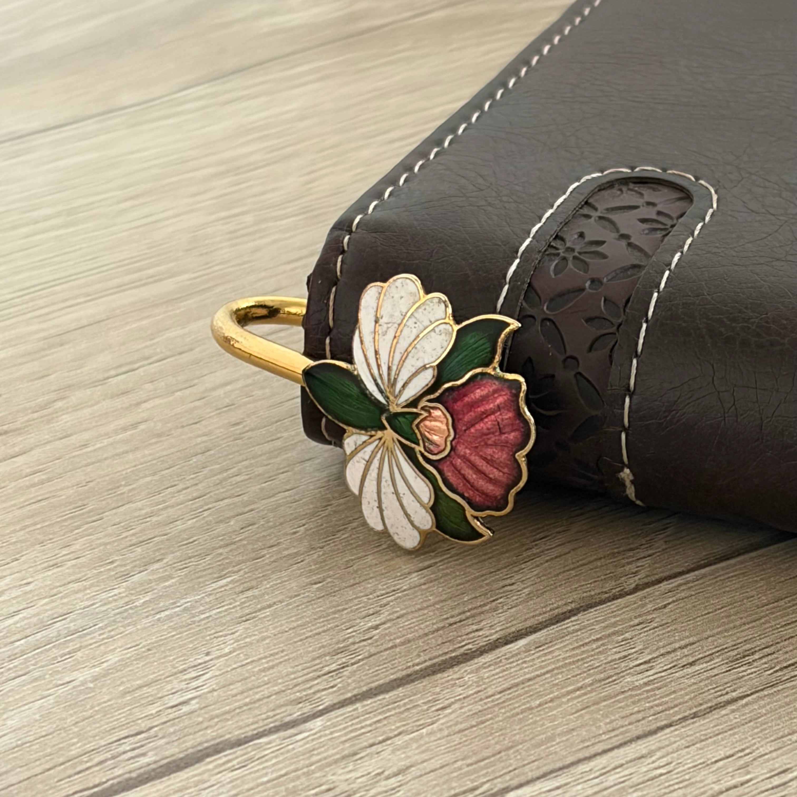 Brass Floral Bookmark – White & Red Enamel Handmade Bookmark