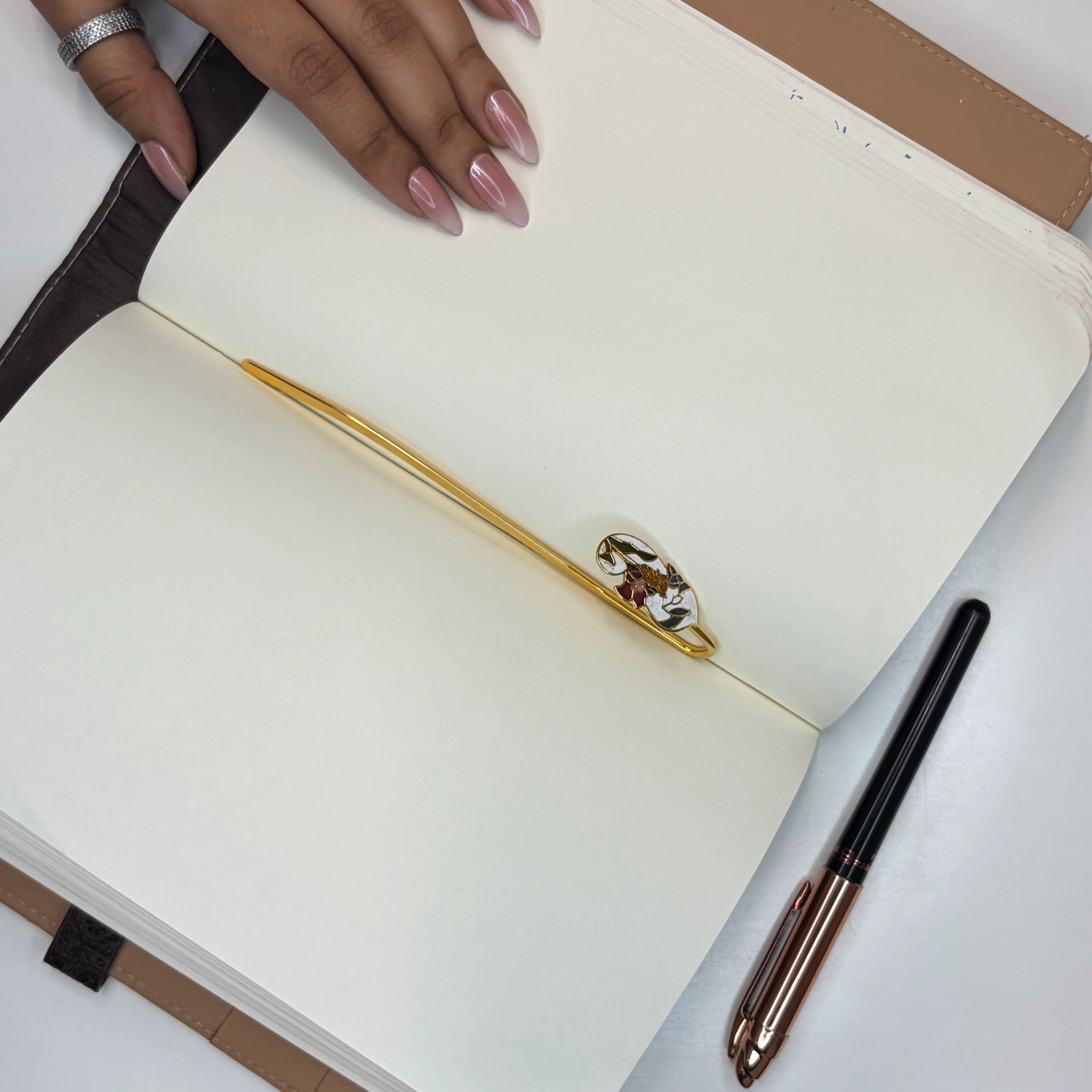 Brass Floral Bookmark – White Enamel Handmade Bookmark