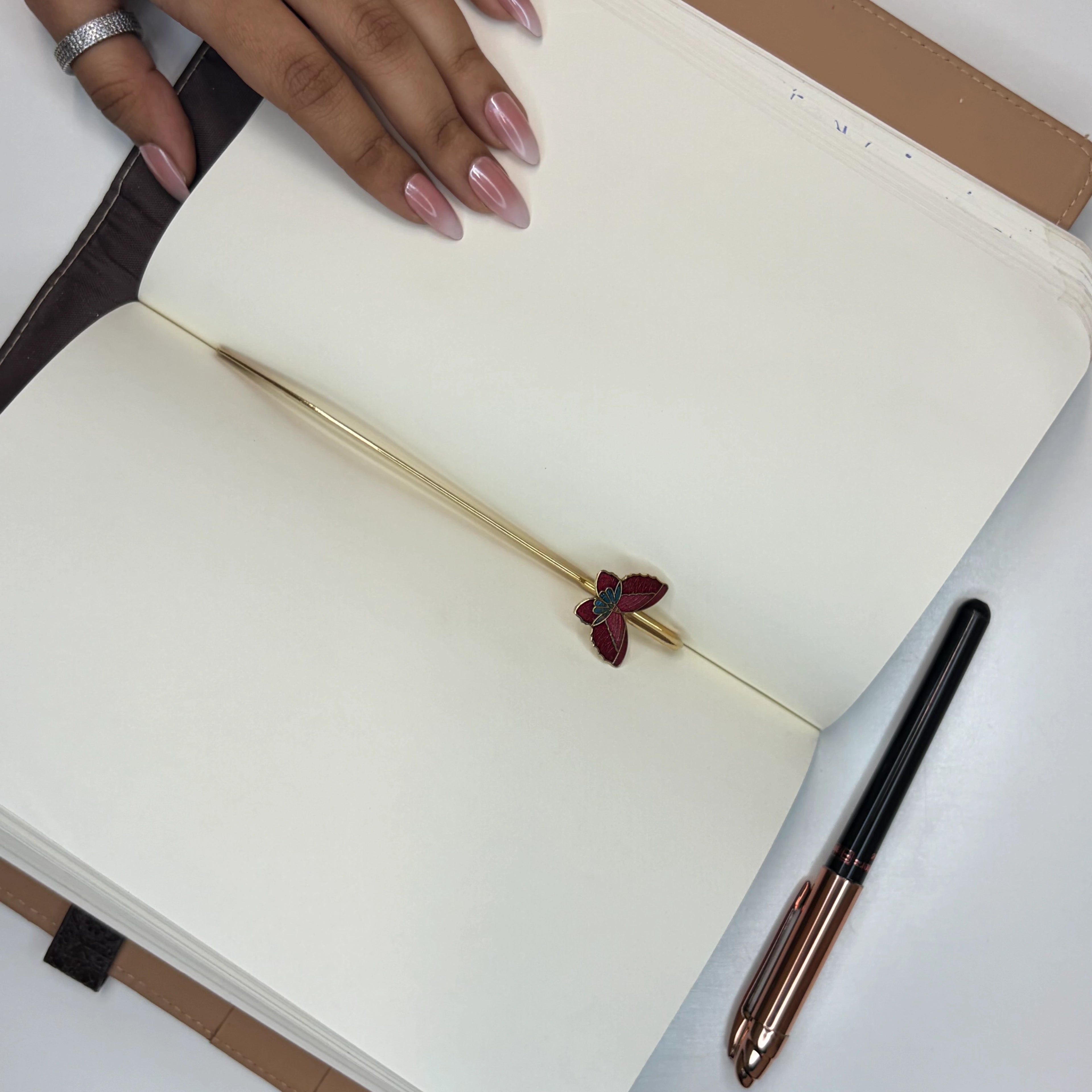 Brass Butterfly Enamel Bookmark – Handmade Red & Pink Design