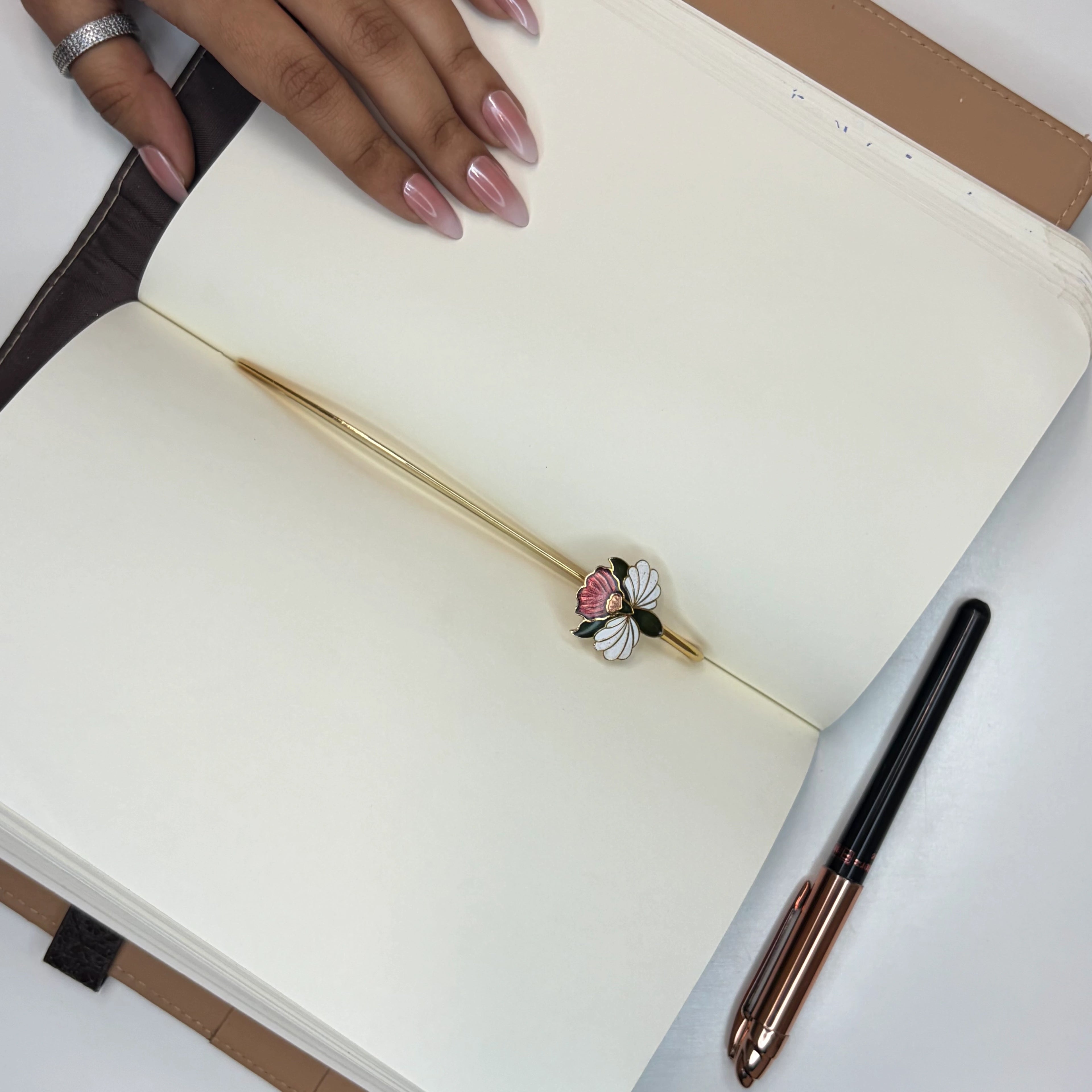 Brass Floral Bookmark – White & Red Enamel Handmade Bookmark