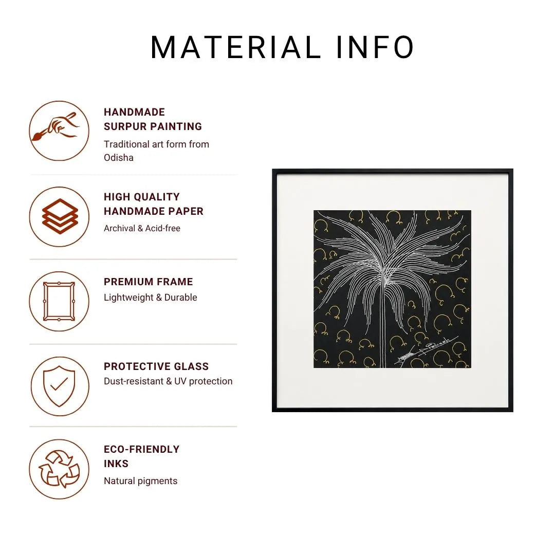 Infographic listing handmade Kalpataru Surpur painting, handmade paper, premium frame, protective glass, and eco-friendly ink details