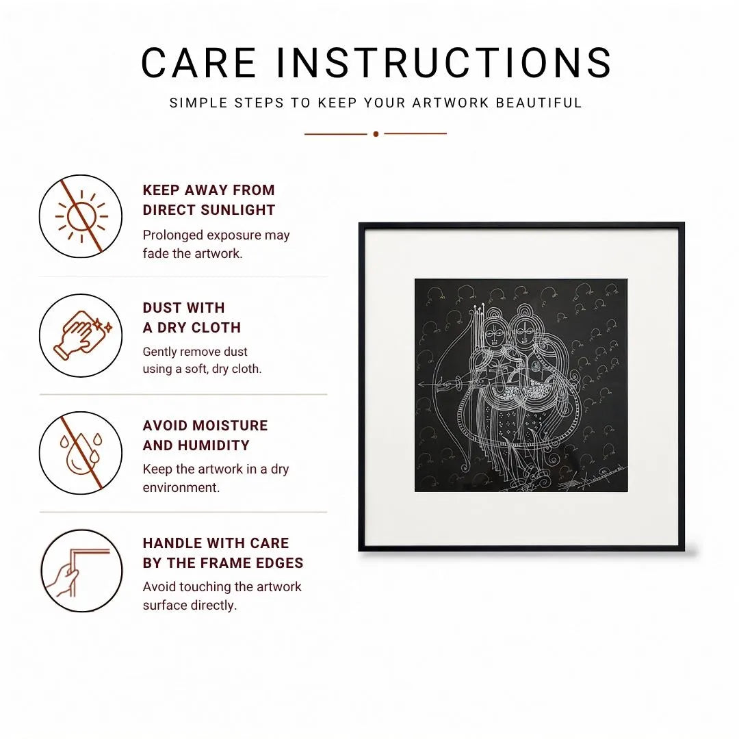 Infographic with icons for sunlight, dusting, moisture, and handling care tips
