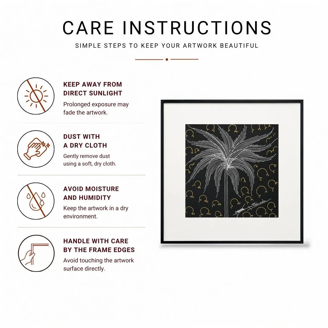 Infographic with icons for sunlight, dusting, moisture, and handling care tips
