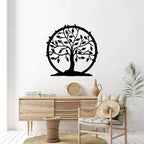 Kalpavriksha  Tree of life round metal wall art above rustic console table and chair