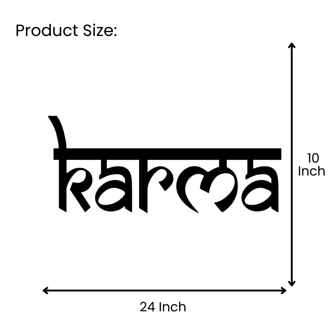 “Karma” metal wall art size guide showing 24 inch width by 10 inch height
