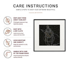 Krishna Surpur Line Art Painting Infographic with icons for sunlight, dusting, moisture, and handling care tips
