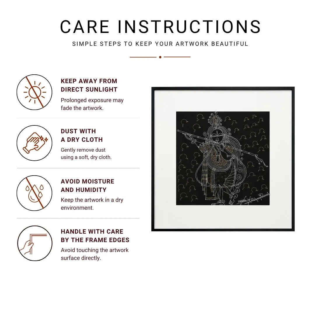 Krishna Surpur Line Art Painting Infographic with icons for sunlight, dusting, moisture, and handling care tips
