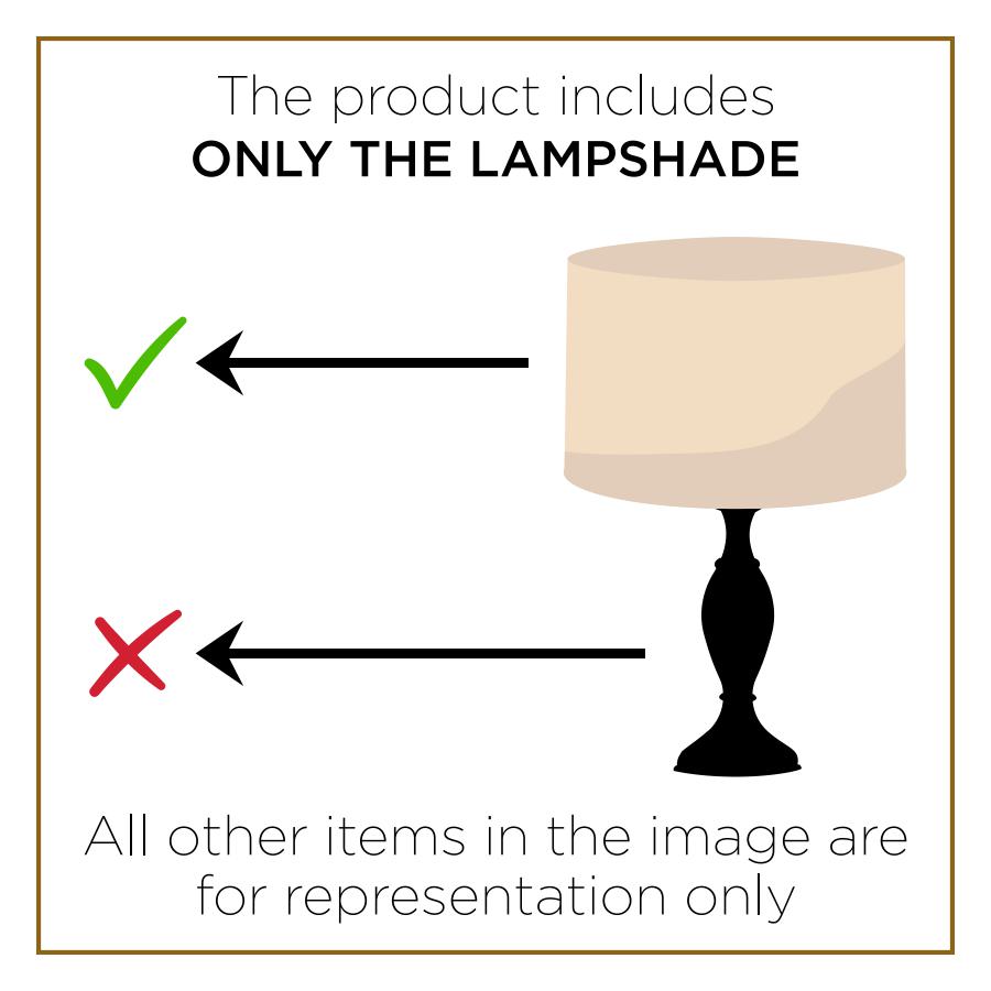 Image showing a lamp with text that reads “The product includes ONLY THE LAMPSHADE.” A green check mark and arrow point to the lampshade, while a red cross and arrow point to the lamp base. Below, it says, “All other items in the image are for representation only.