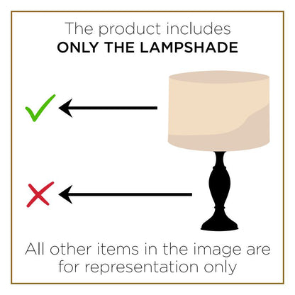 Image showing a lamp with text that reads “The product includes ONLY THE LAMPSHADE.” A green check mark and arrow point to the lampshade, while a red cross and arrow point to the lamp base. Below, it says, “All other items in the image are for representation only.