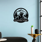 Large custom bear metal wall art above minimalist armchair and wooden side table