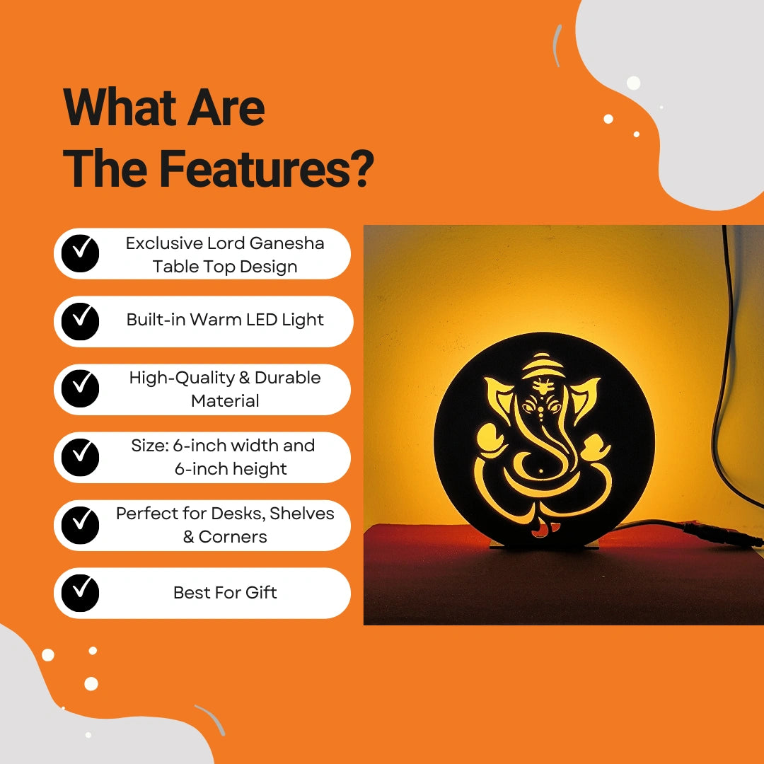 Lord Ganesh Table Lamp features infographic showing warm LED, durable material, 6-inch size, and gift use