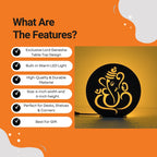 Lord Ganesha Table Lamp features infographic showing warm LED, durable material, 6-inch size, and gift use