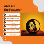 Lord Hanuman Table Lamp features infographic showing warm LED, durable material, 6-inch size, and gift use
