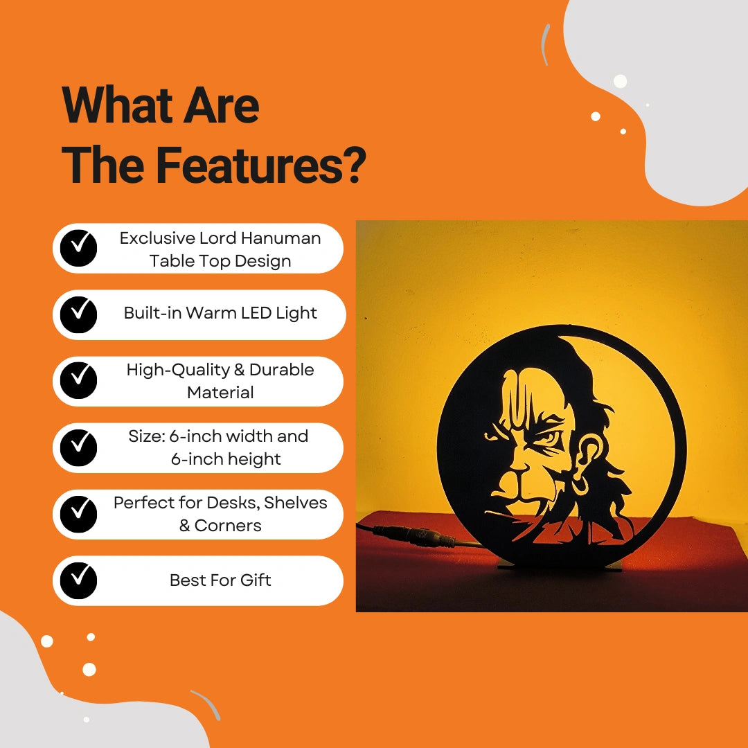 Lord Hanuman Table Lamp features infographic showing warm LED, durable material, 6-inch size, and gift use
