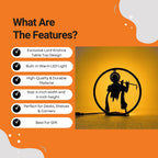 Lord Krishna Table Lamp features infographic showing warm LED, durable material, 6-inch size, and gift use