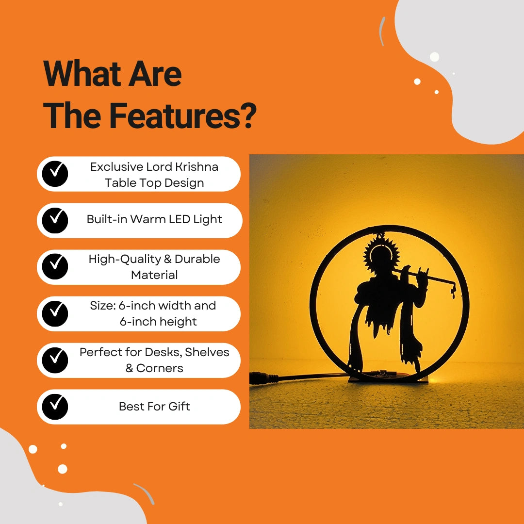 Lord Krishna Table Lamp features infographic showing warm LED, durable material, 6-inch size, and gift use