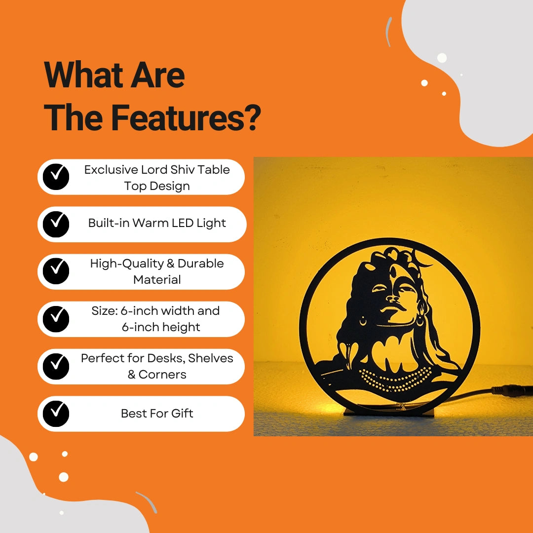 Lord Shiv Tablelamp features infographic showing warm LED, durable material, 6-inch size, and gift use