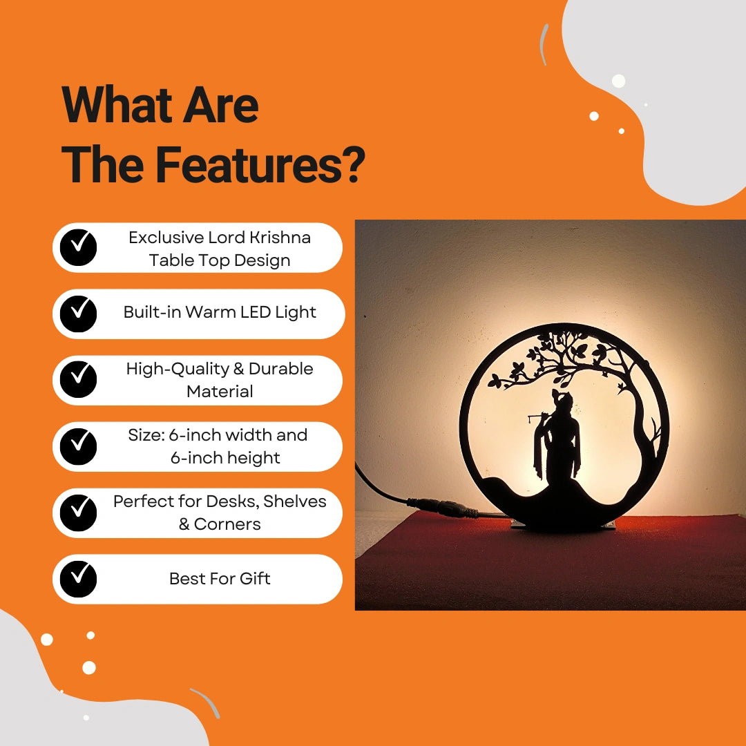 Lord Shri Krishna Table Lamp features infographic showing warm LED, durable material, 6-inch size, and gift use