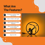 Lord Shri Ram Table Lamp features infographic showing warm LED, durable material, 6-inch size, and gift use