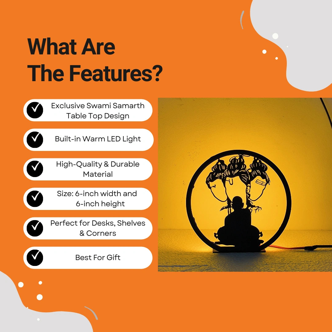 Lord Swami Samarth Table Lamp features infographic showing warm LED, durable material, 6-inch size, and gift use